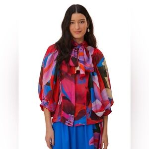 Farm Rio Watercolor Floral 3/4 Balloon Sleeve Blouse Button-Down Top Size Small